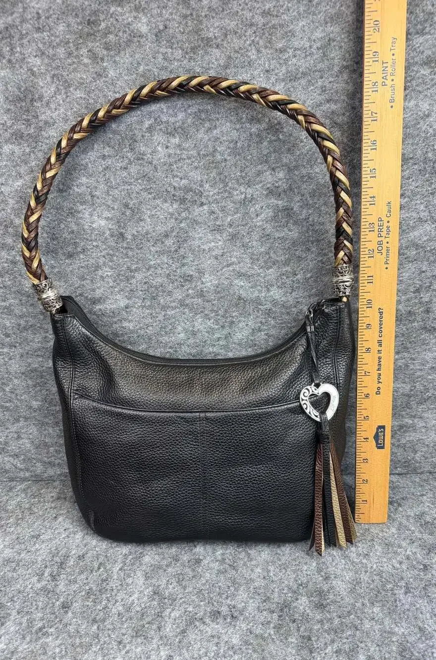 Brighton Barbados Black Pebbled Leather Hobo Shoulder Bag Braided Strap